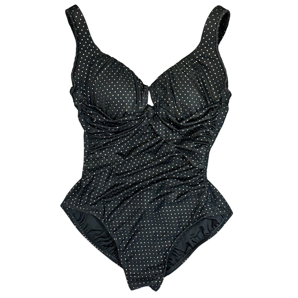 Magicsuit Womens 14 Black Gold Polka Dot Ruched Tummy Control One Piece Swimsuit